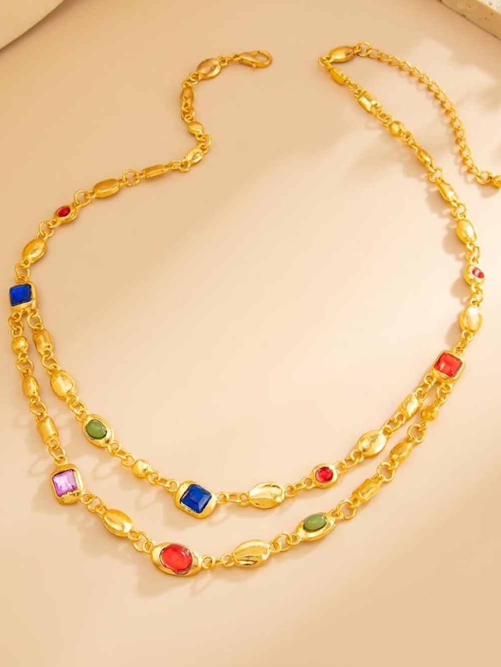 Anthropologie Gold Color Multicolor Gemstone Double-Layer Necklace - Picture 3 of 5